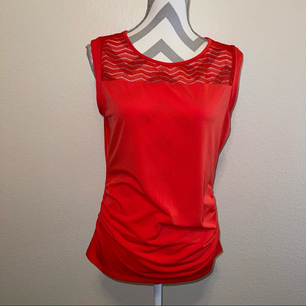 New York & Company Bright Red Lace Yoke Fitted Gathered Sleeveless Blouse Medium